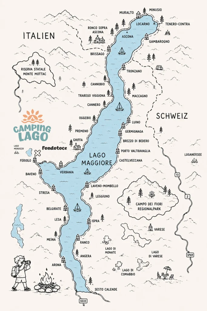 Auf der Karte ist der Lago Maggiore zu sehen und Städte + Seen, die ihn umgeben wie Fondotoce, Feriolo, Verbania, Baveno, Stresa und der Fluss Toce