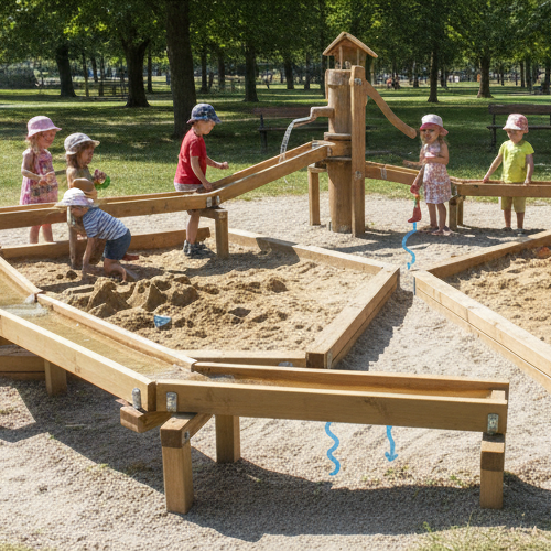 Auf dem Bild sind Kinder auf einem Campingplatz, genauer auf einem Wasserspielplatz zu sehen. Sie sind am Lago Maggiore auf einem Campingplatz